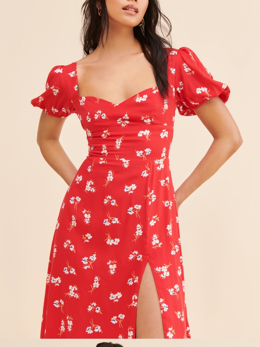 Bardot Gillian Red Floral Square-Neck Midi Dress with Puff Sleeves